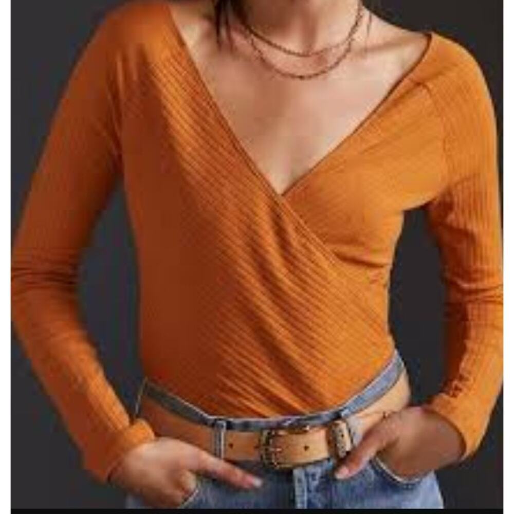 Reformation XS Wrap Top Sienna Brown Ribbed Manhattan Shirt Long Sleeve